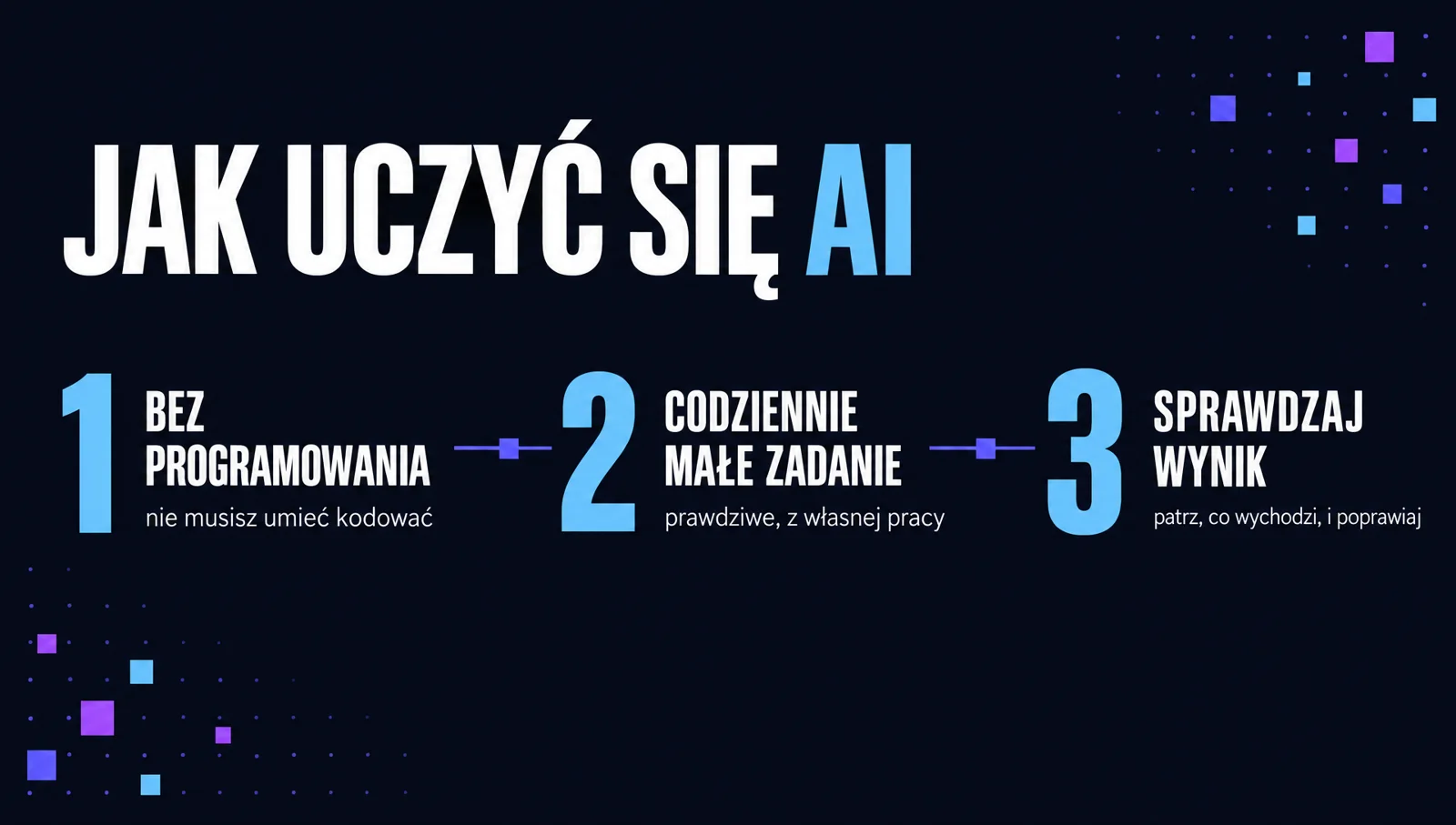 Jak uczyć się AI: bez programowania, codziennie małe prawdziwe zadanie z własnej pracy, sprawdzaj wynik i poprawiaj