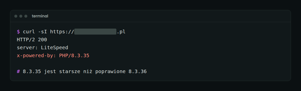 Odpowiedź serwera z nagłówkiem X-Powered-By: PHP/8.3.35