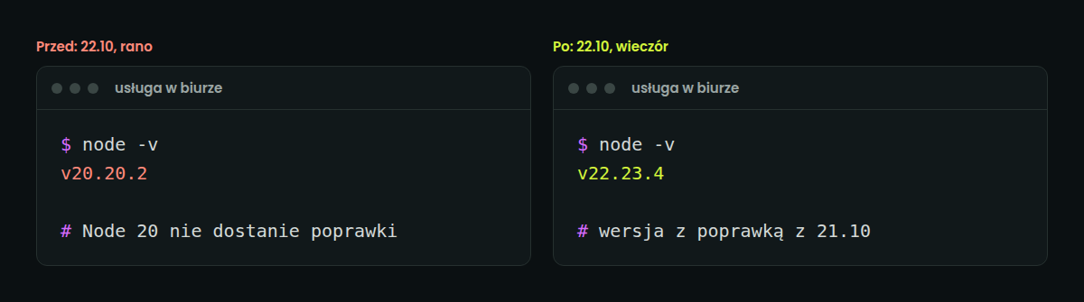 Wersja Node.js w usługach przed zmianą: v20.20.2, po zmianie: v22.23.4