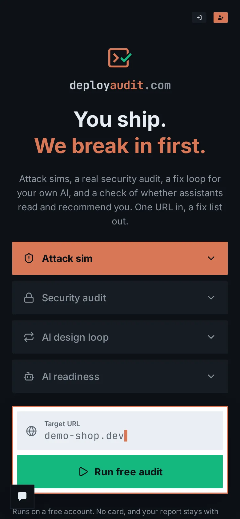 deployaudit.com na telefonie, ekran 1