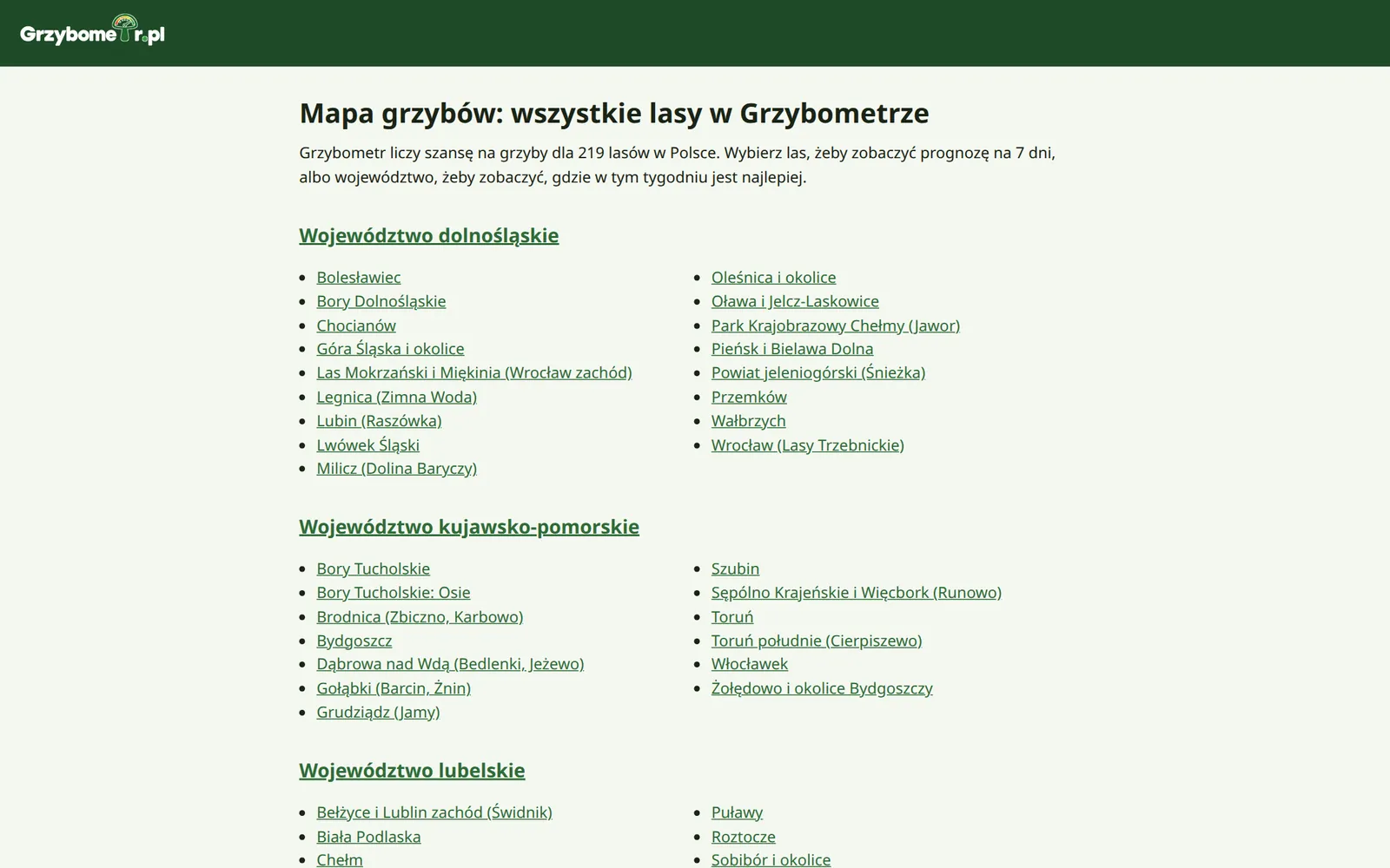 Mapa grzybów: wszystkie lasy