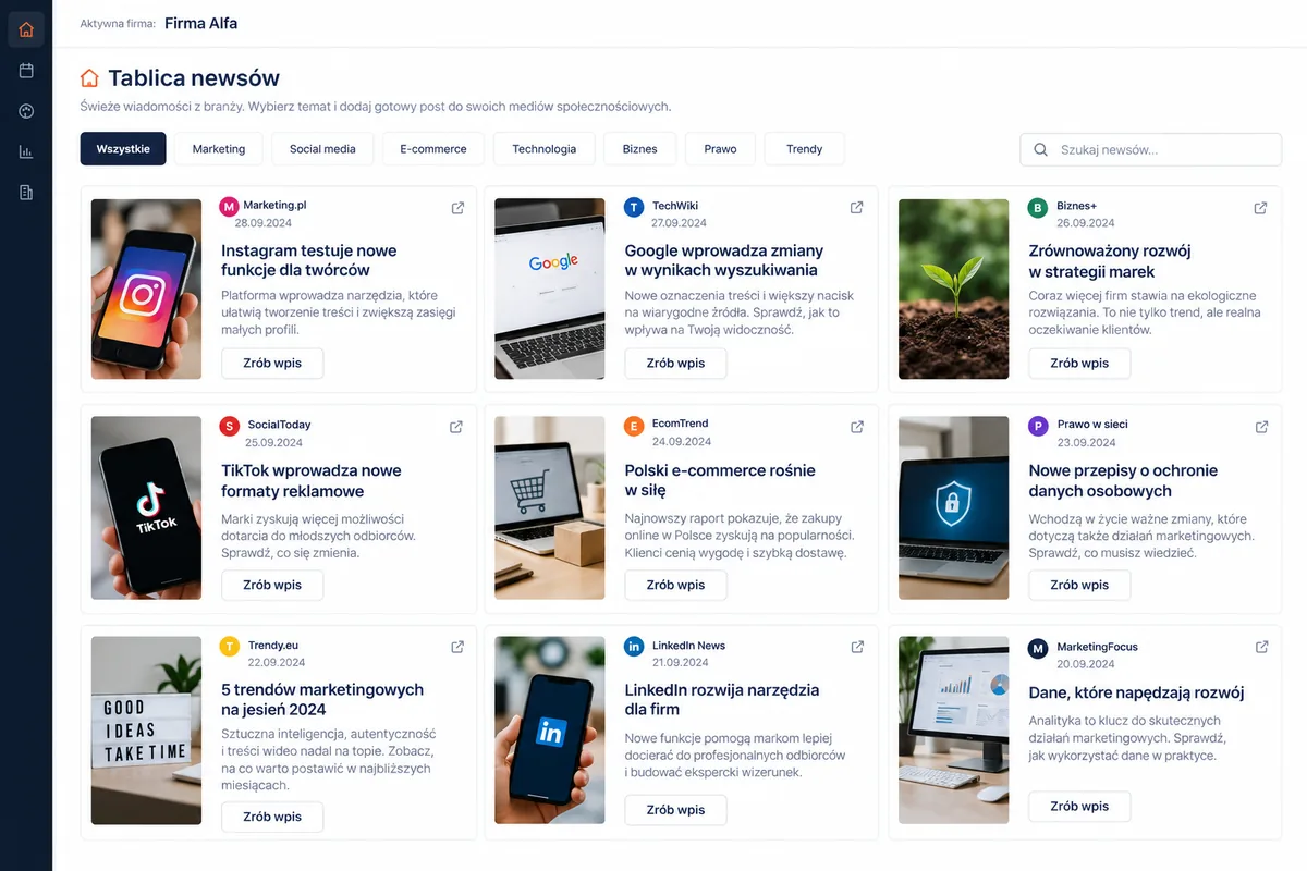 Tablica newsów: ekran systemu