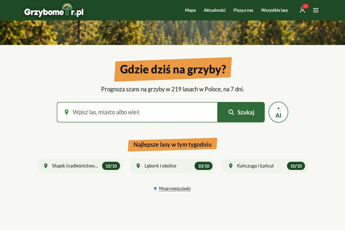 Grzybometr: mapa lasów: ekran systemu