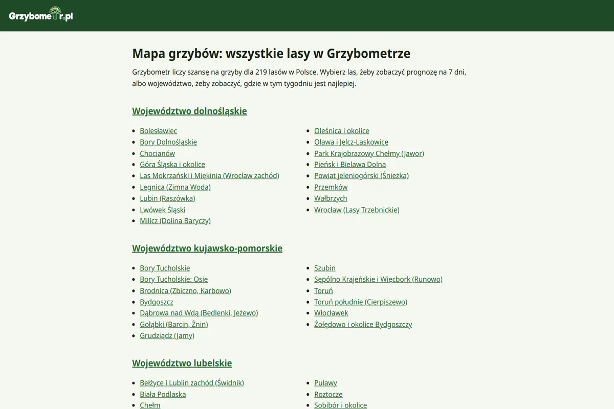 Grzybometr: prognoza dla lasu: ekran systemu