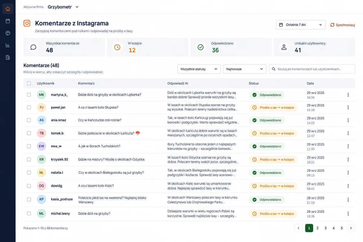 Komentarze z odpowiedzią AI: ekran systemu