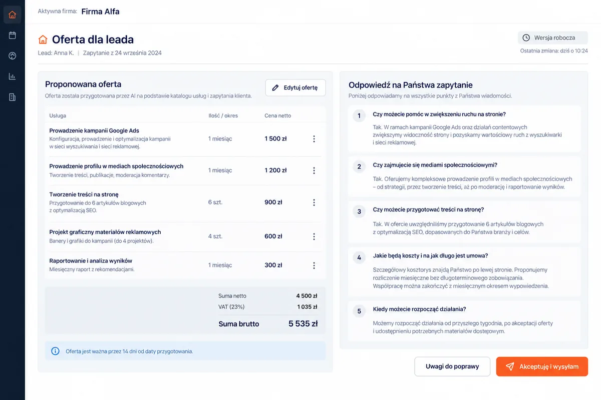 Oferta dla leada do akceptacji: ekran systemu