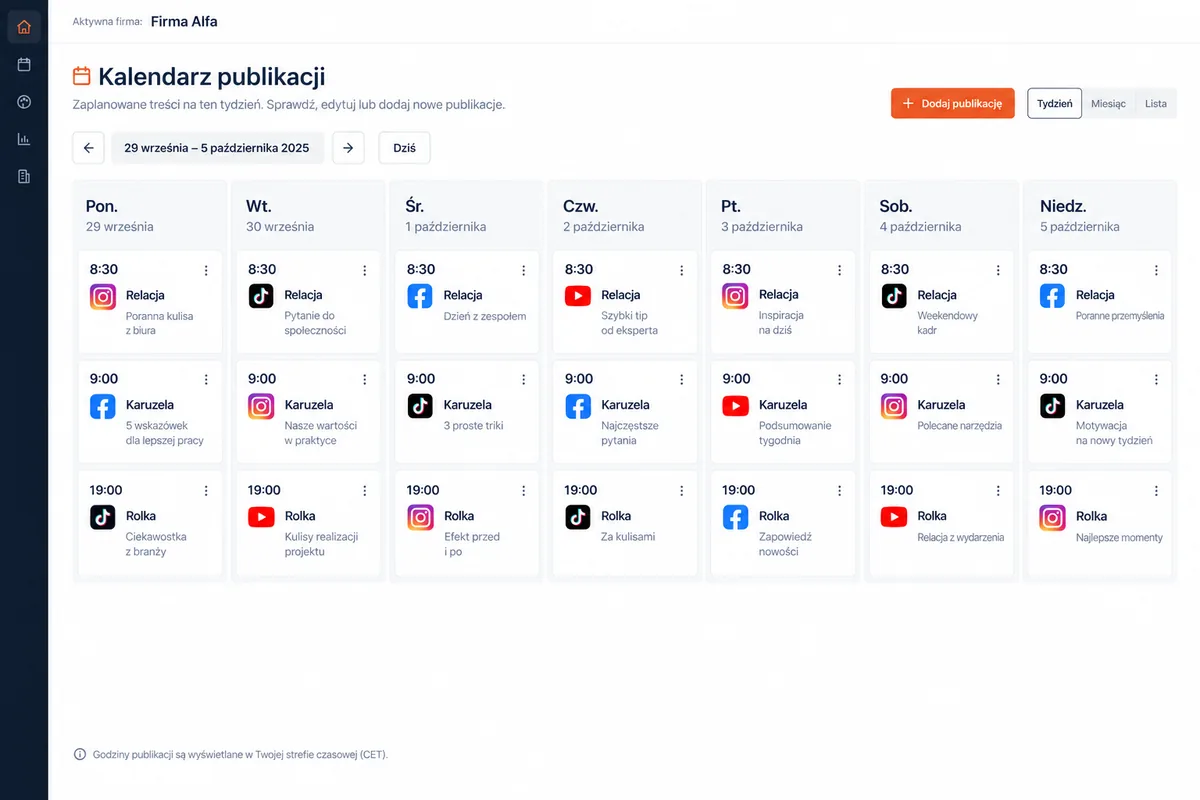 Kalendarz publikacji na tydzień: ekran systemu